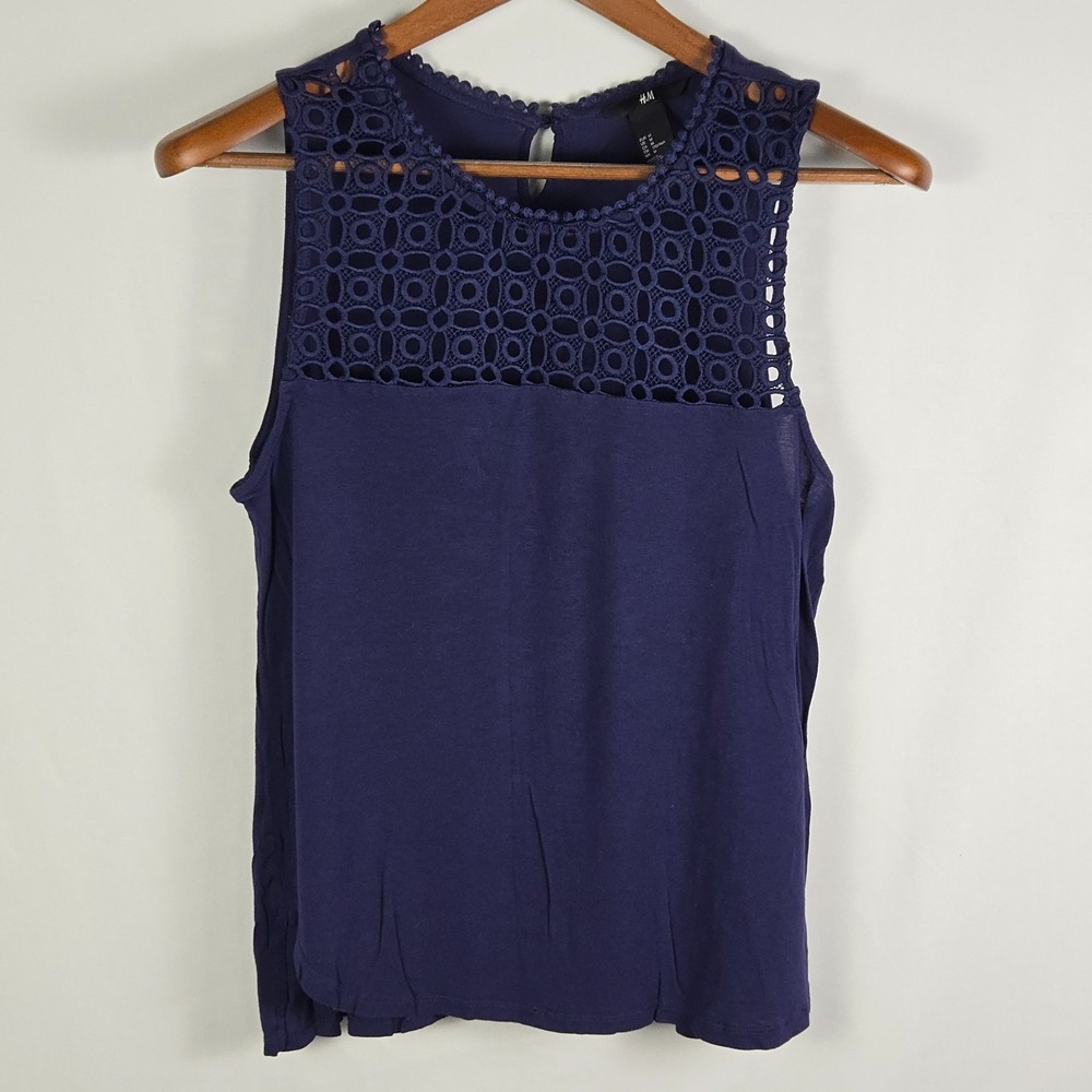 H&M Womens Medium Navy Blue Crochet Lace Tank Top Scalloped Boho Chic Romantic M